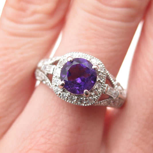 925 Sterling Silver Real Round-Cut C Z Amethyst & C Z Ring Size 9