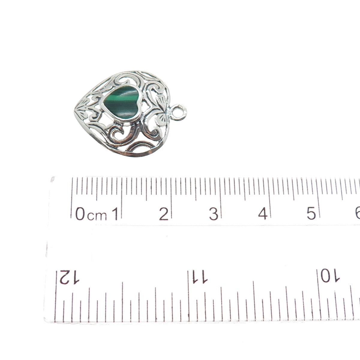 925 Sterling Silver Vintage Real Malachite Floral Heart Charm Pendant