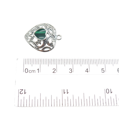 925 Sterling Silver Vintage Real Malachite Floral Heart Charm Pendant