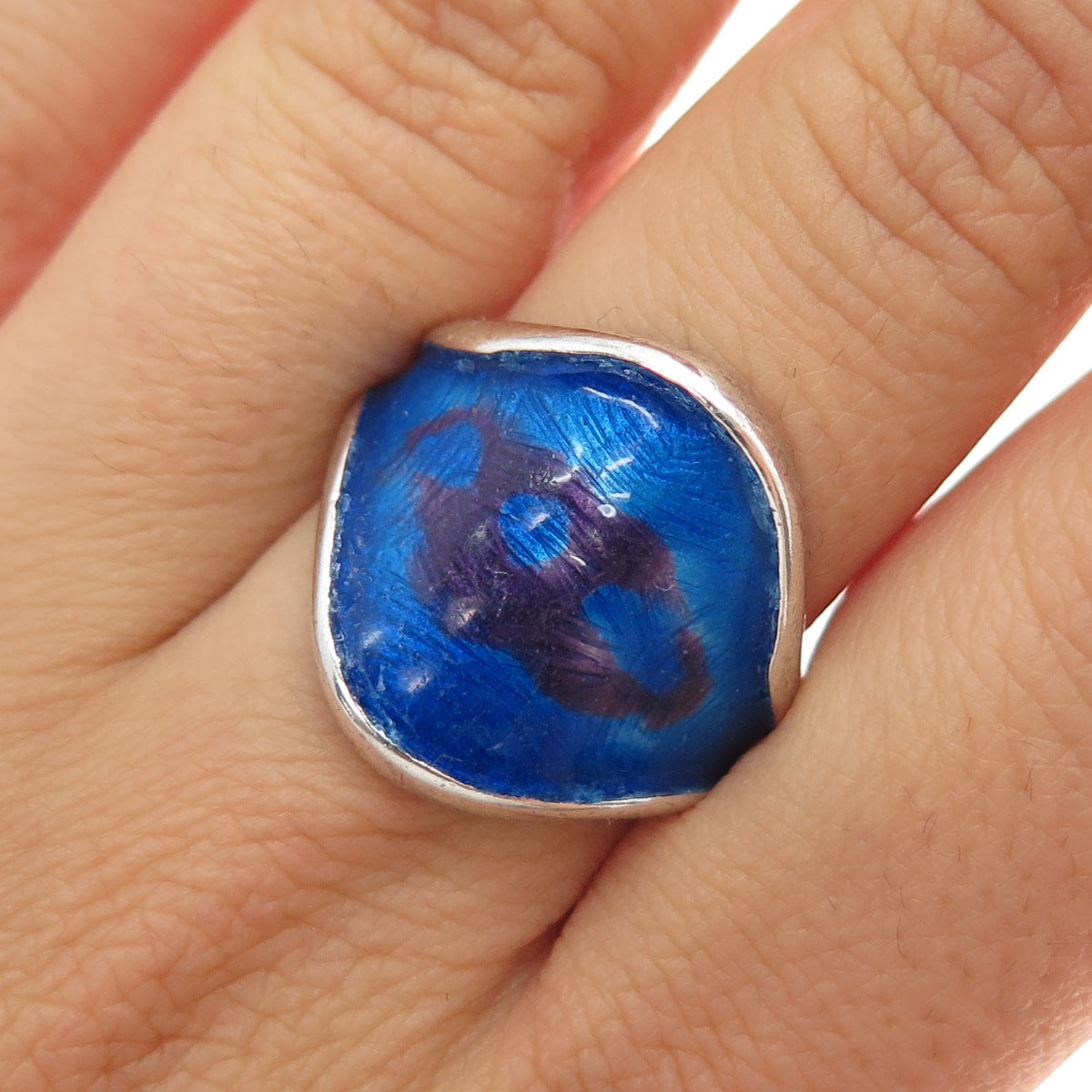 925 Sterling Silver Vintage Enamel Modernist Ring Size 8.25