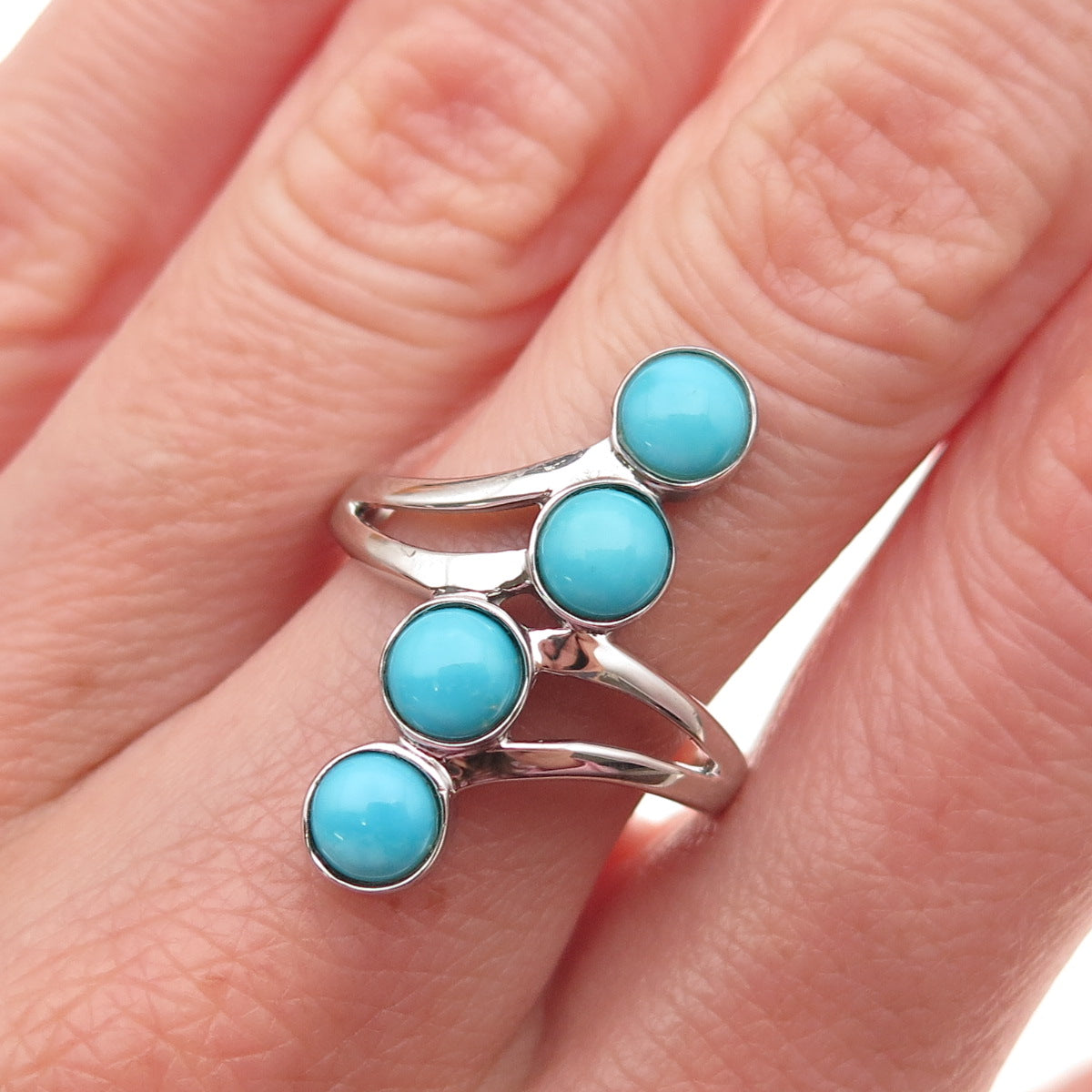 925 Sterling Silver Real Sleeping Beauty Turquoise Bypass Ring Size 8