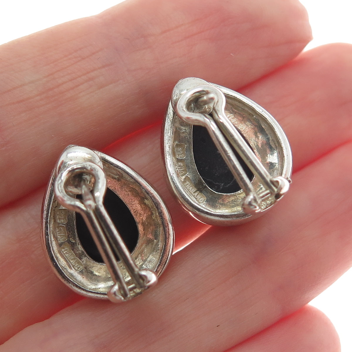 925 Sterling Silver Vintage Real Black Onyx Teardrop Omega Back Earrings
