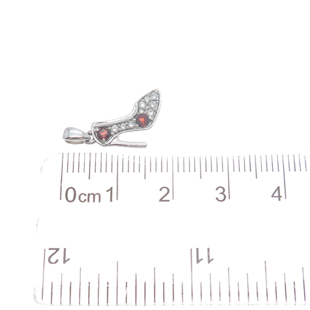 925 Sterling Silver Real Round-Cut Red Garnet & C Z High Heel Shoe Mini Pendant