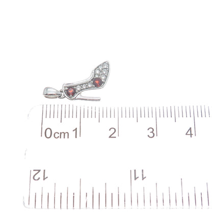 925 Sterling Silver Real Round-Cut Red Garnet & C Z High Heel Shoe Mini Pendant