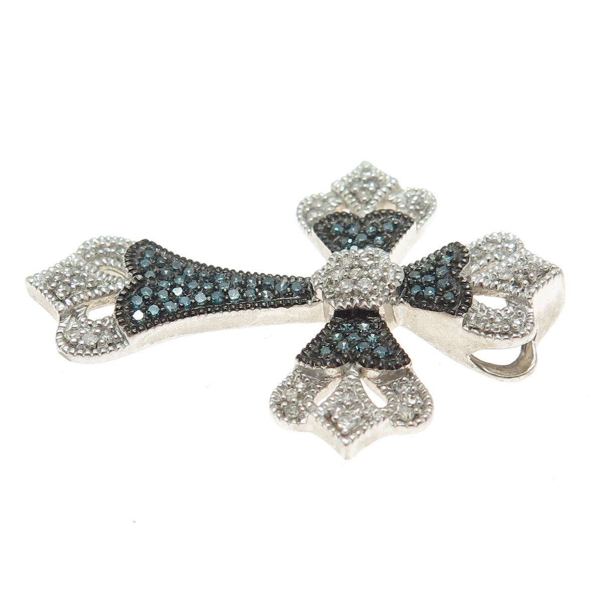 925 Sterling Silver Real Blue & White Diamond Fleur de Lis Cross Slide Pendant