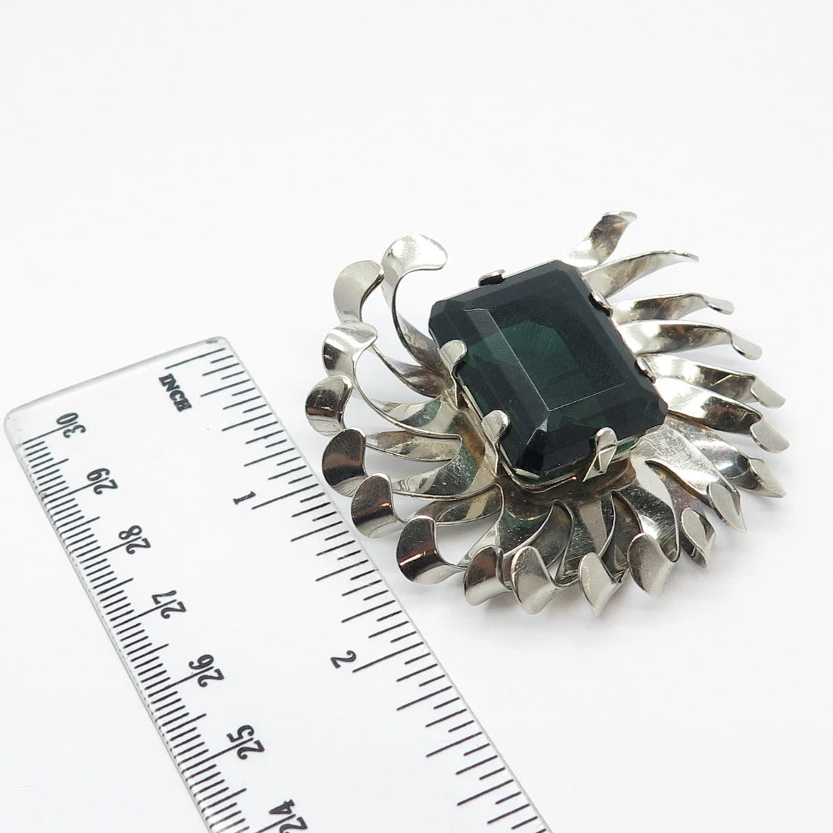 925 Sterling Silver Vintage Green Glass Modernist Pin Brooch