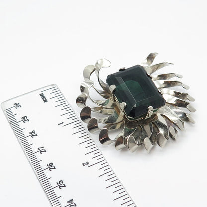 925 Sterling Silver Vintage Green Glass Modernist Pin Brooch