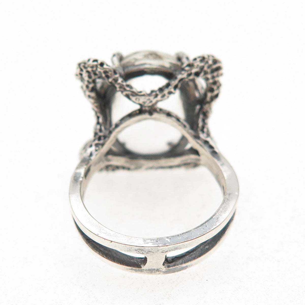 925 Sterling Silver Vintage Real Clear Quartz Modernist Oxidized Ring Size 5.5
