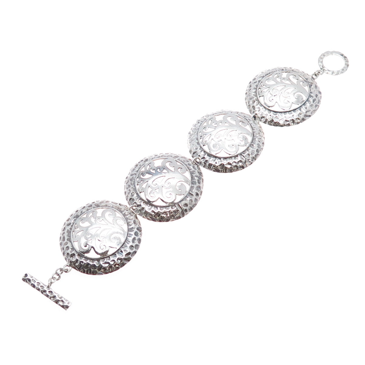 925 Sterling Silver Vintage Ornate Tree of Life Disc Link Bracelet 6.75"