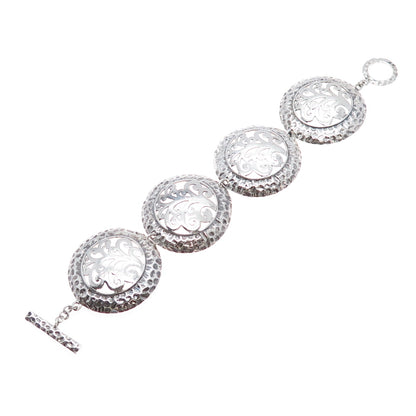 925 Sterling Silver Vintage Ornate Tree of Life Disc Link Bracelet 6.75"
