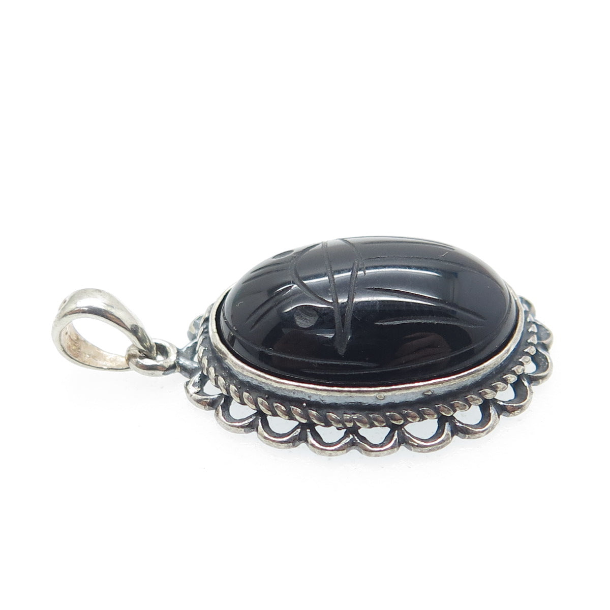 925 Sterling Silver Vintage Real Carved Black Onyx Scarab Oxidized Pendant