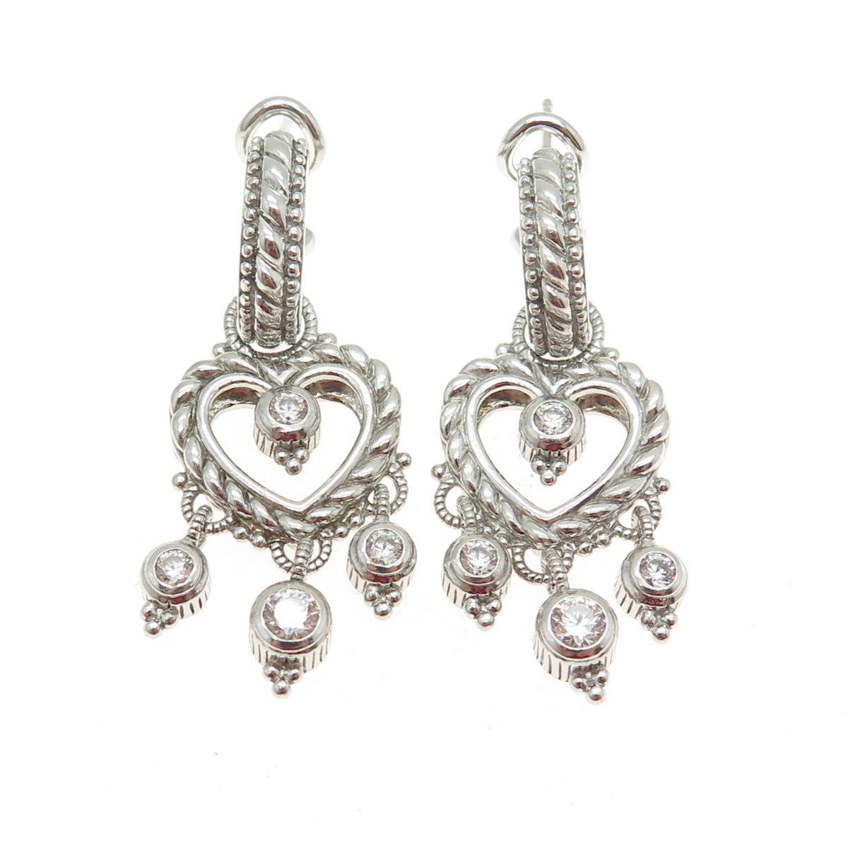 JUDITH RIPKA 925 Sterling Silver Round-Cut Shaped C Z Heart Boho Dangle Earrings