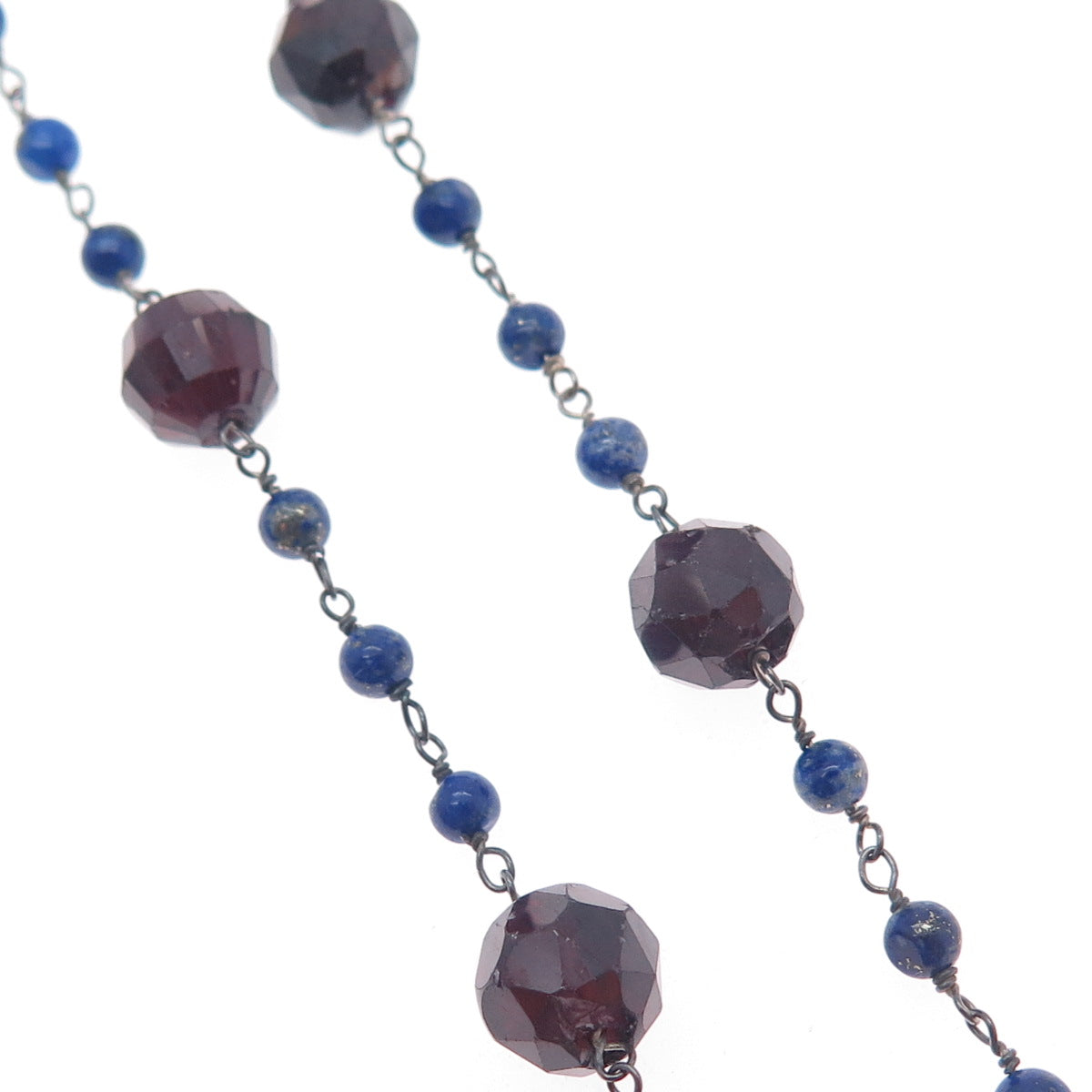 925 Sterling Silver Vintage Real Red Garnet & Lapis Beaded Chain Necklace 18"