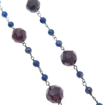 925 Sterling Silver Vintage Real Red Garnet & Lapis Beaded Chain Necklace 18"