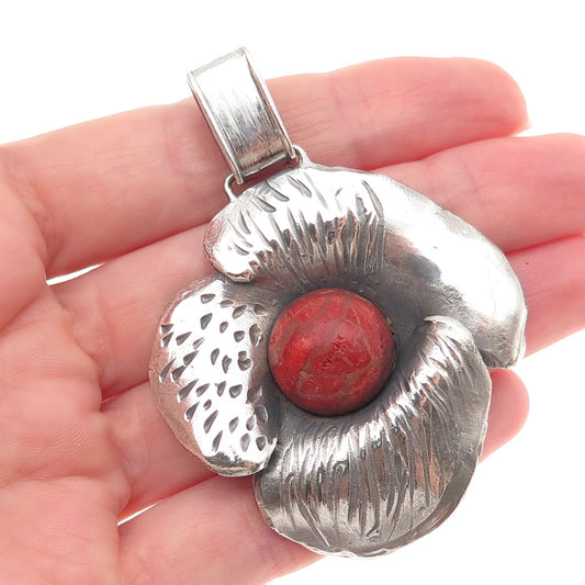 925 Sterling Silver Vintage HK Poland Real Coral Floral Oxidized Pendant