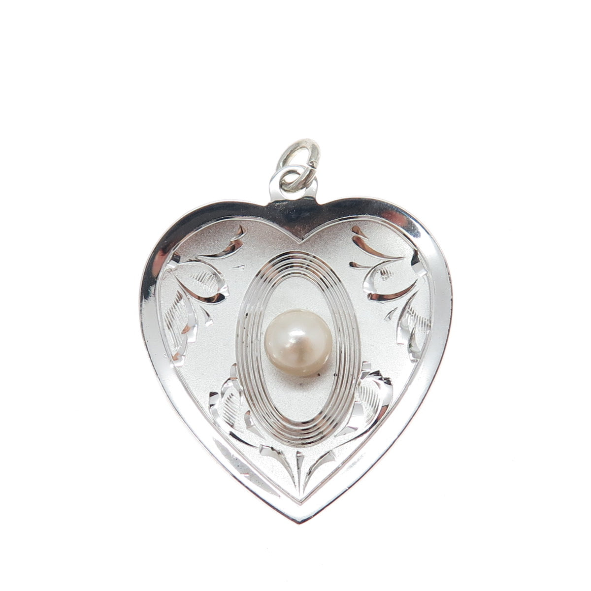 THEDA 925 Sterling Silver Vintage Real Pearl Engraved Heart Charm Pendant