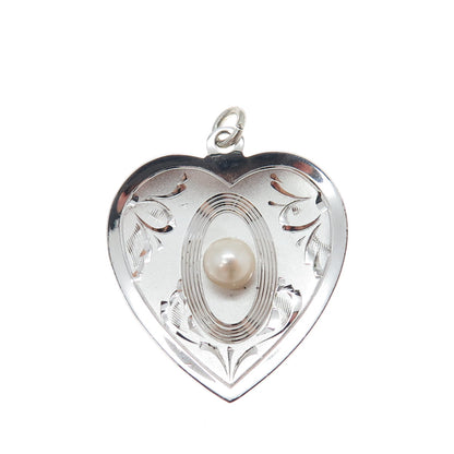 THEDA 925 Sterling Silver Vintage Real Pearl Engraved Heart Charm Pendant