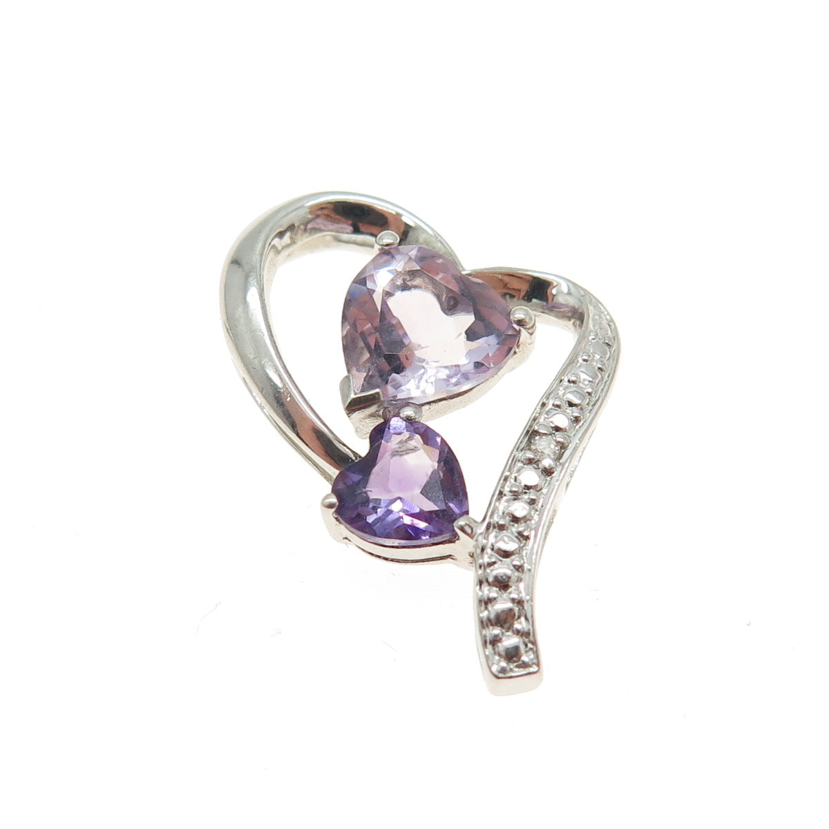 925 Sterling Silver Real Diamond Accent & Amethyst Gem Open Heart Slide Pendant