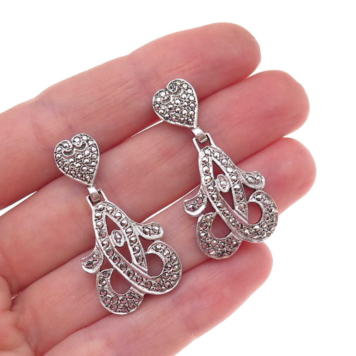 925 Sterling Silver Antique Art Deco Real Marcasite Heart Floral Dangle Earrings