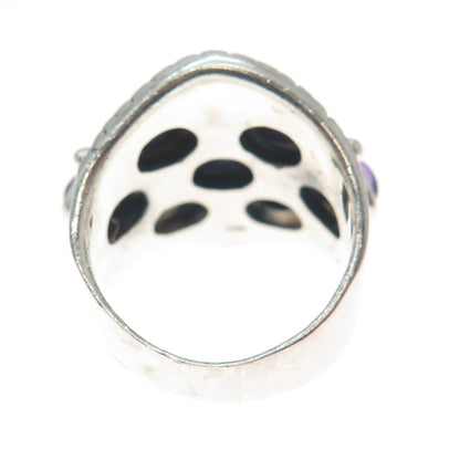 925 Sterling Silver Vintage Real Amethyst Modernist Oxidized Ring Size 5.5
