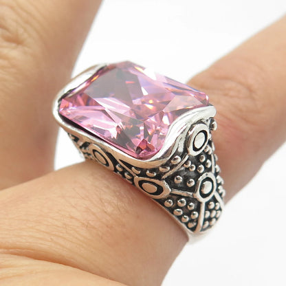 925 Sterling Silver Vintage Pink C Z Bar Ring Size 7.25