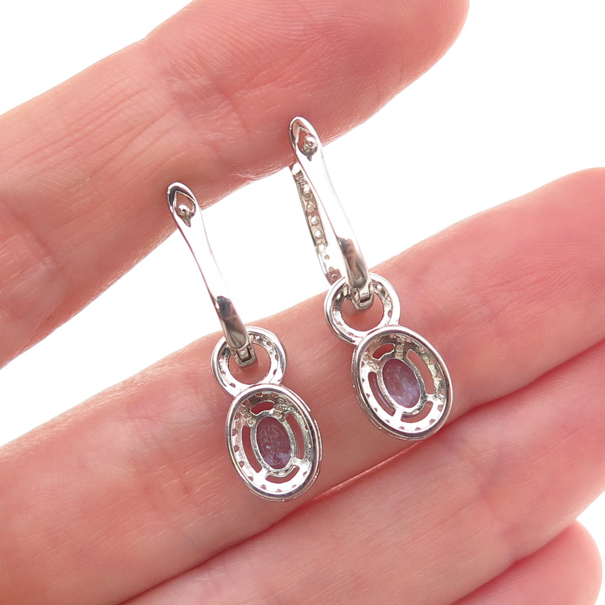 925 Sterling Silver Real Tanzanite & White Topaz Dangle Charm Hoop Earrings