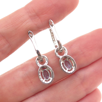 925 Sterling Silver Real Tanzanite & White Topaz Dangle Charm Hoop Earrings