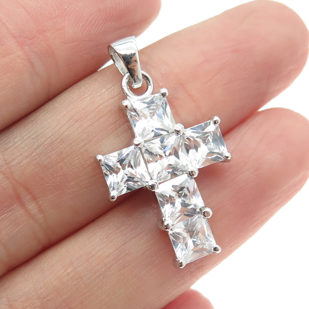 925 Sterling Silver Princess-Cut C Z Sparkling Cross Pendant