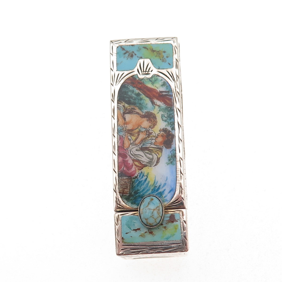 800 Silver Antique Italy Enamel Faux Turquoise Tube Slide Lipstick Case #12