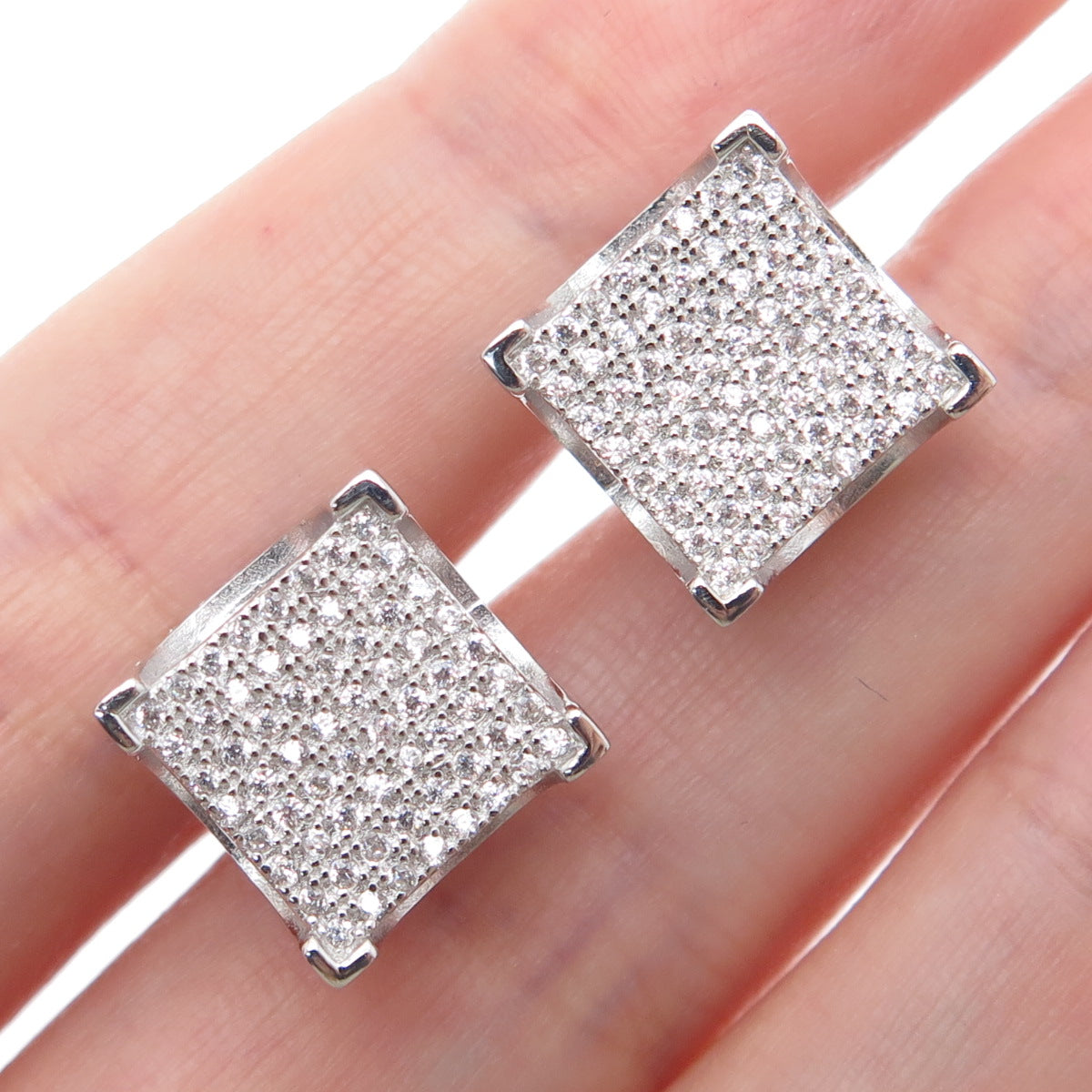 925 Sterling Silver Round-Cut C Z Sparkle Square Stud Earrings