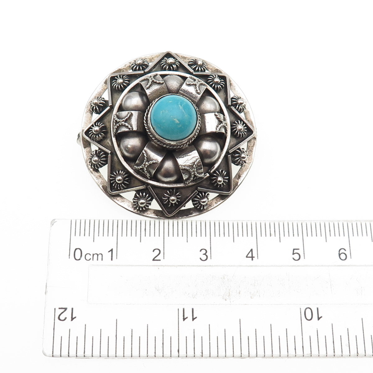 800 Silver Antique Art Deco Italy Real Turquoise Cannetille Oxidized Pin Brooch