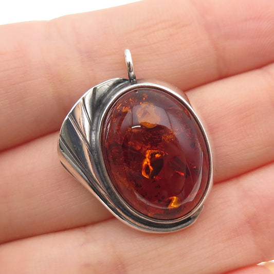925 Sterling Silver Vintage Real Amber Modernist Floral Oxidized Charm Pendant
