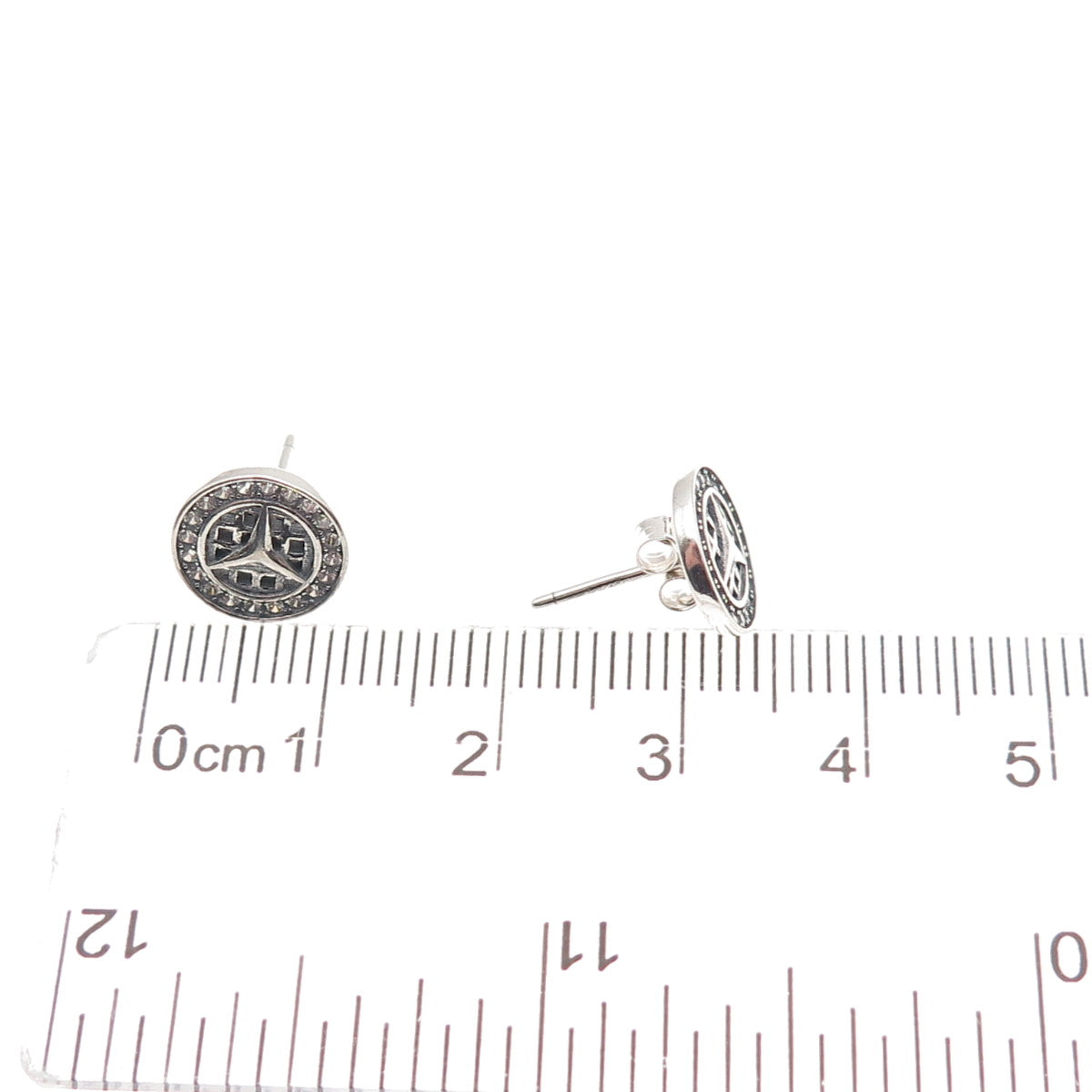925 Sterling Silver Round-Cut C Z Mercedes-Benz Stud Earrings