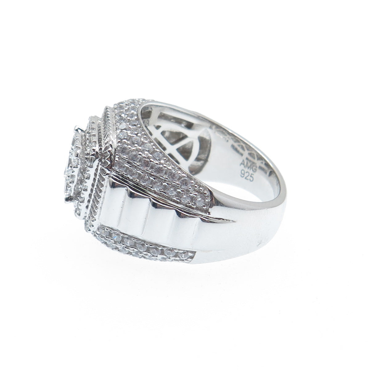 925 Sterling Silver Round-Cut Shaped C Z Ribbed Domed Ring Size 9.5