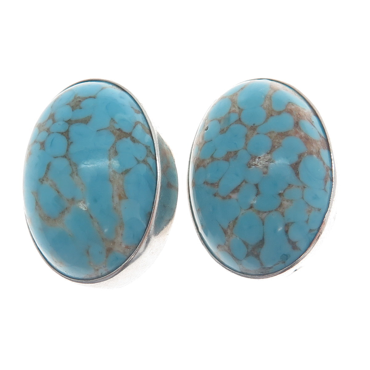925 Sterling Silver Vintage Mexico Faux Turquoise Oval Clip On Earrings