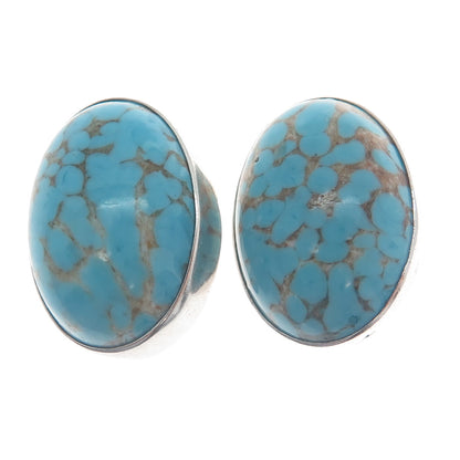 925 Sterling Silver Vintage Mexico Faux Turquoise Oval Clip On Earrings