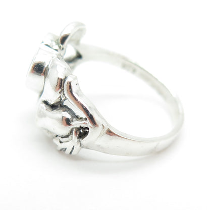 925 Sterling Silver Vintage Real Green Onyx Heart & Flower Ring Size 7.25