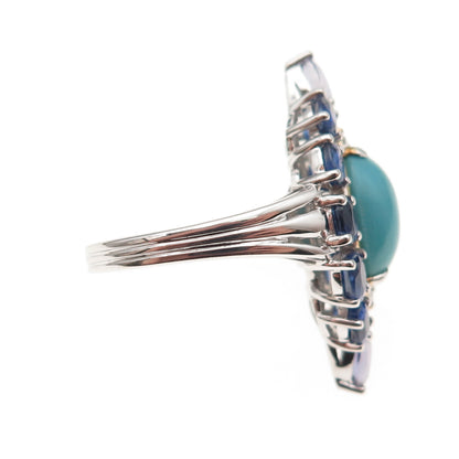 925 Sterling Silver 2-Tone Real Turquoise Sapphire & White Topaz Ring Size 8.25