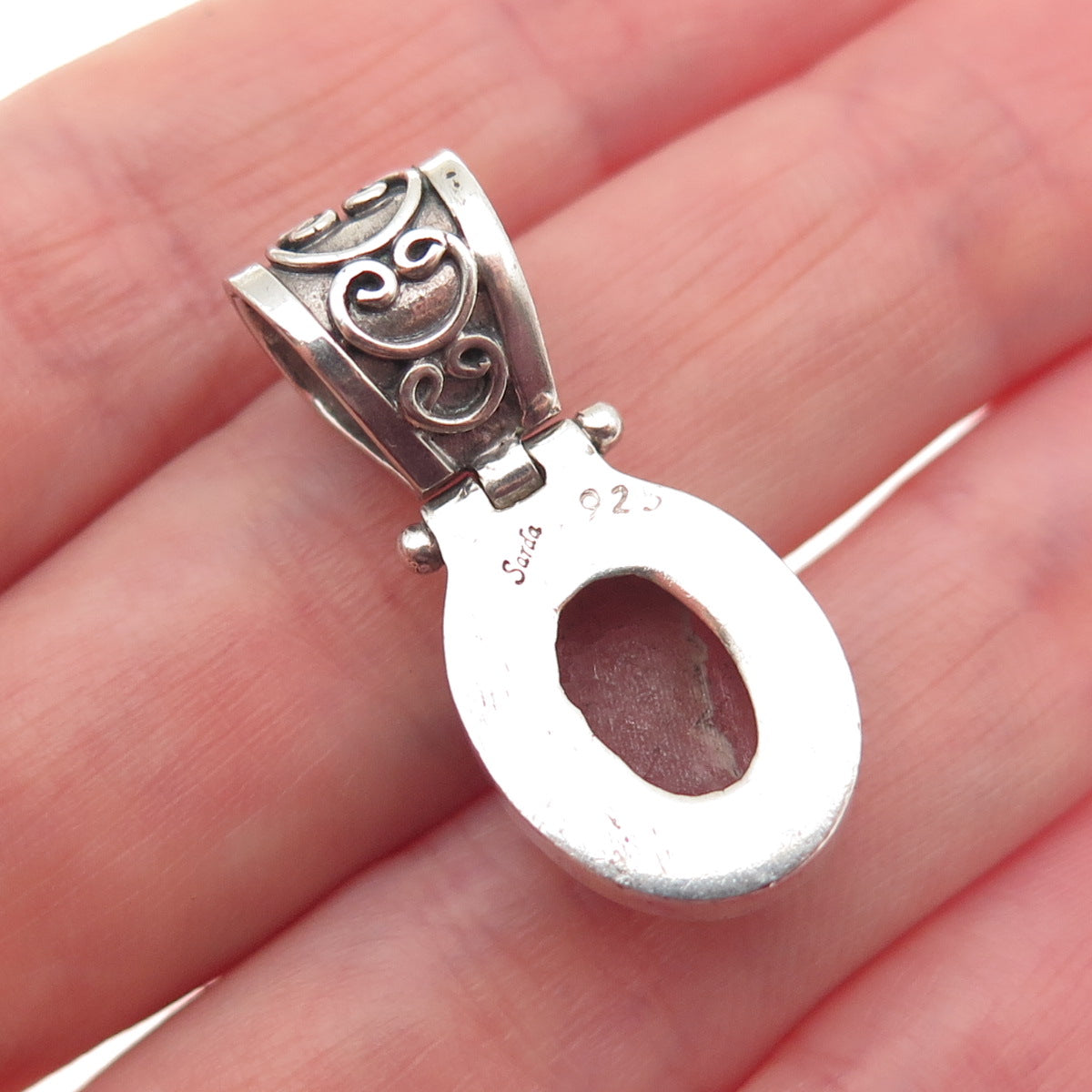 Sarda 925 Sterling Silver Vintage Real Cabochon Rhodonite Charm Pendant