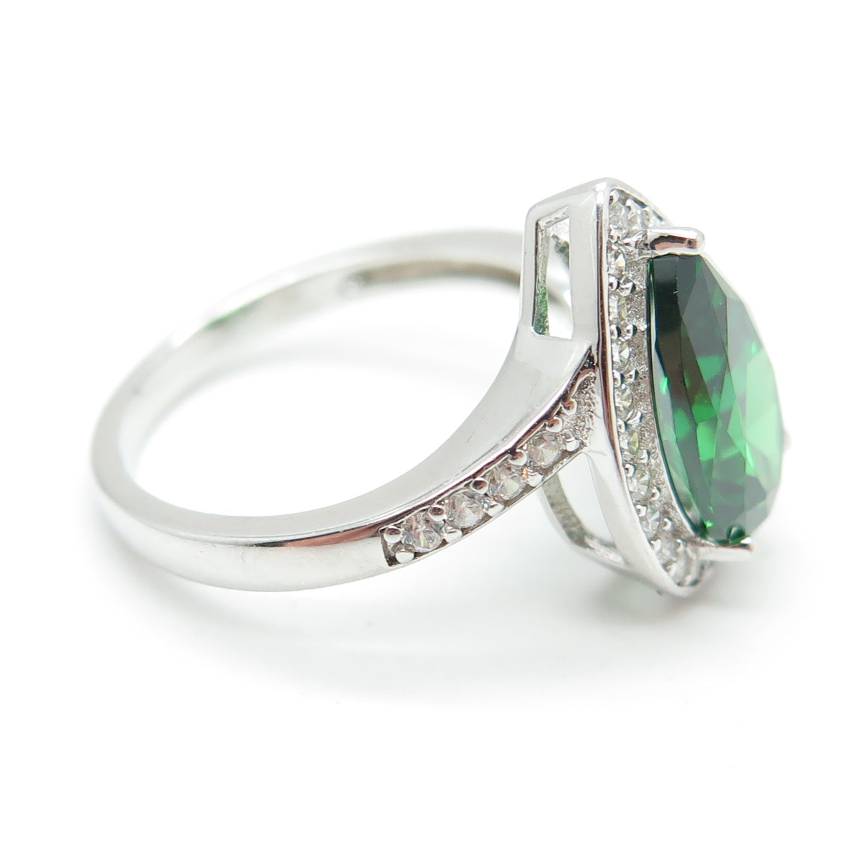 925 Sterling Silver Green Pear-Cut & White Round-Cut Shaped C Z Ring Size 8