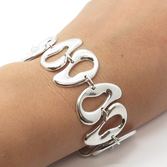 925 Sterling Silver Vintage Abstract Bean Wide Link Bracelet 7"