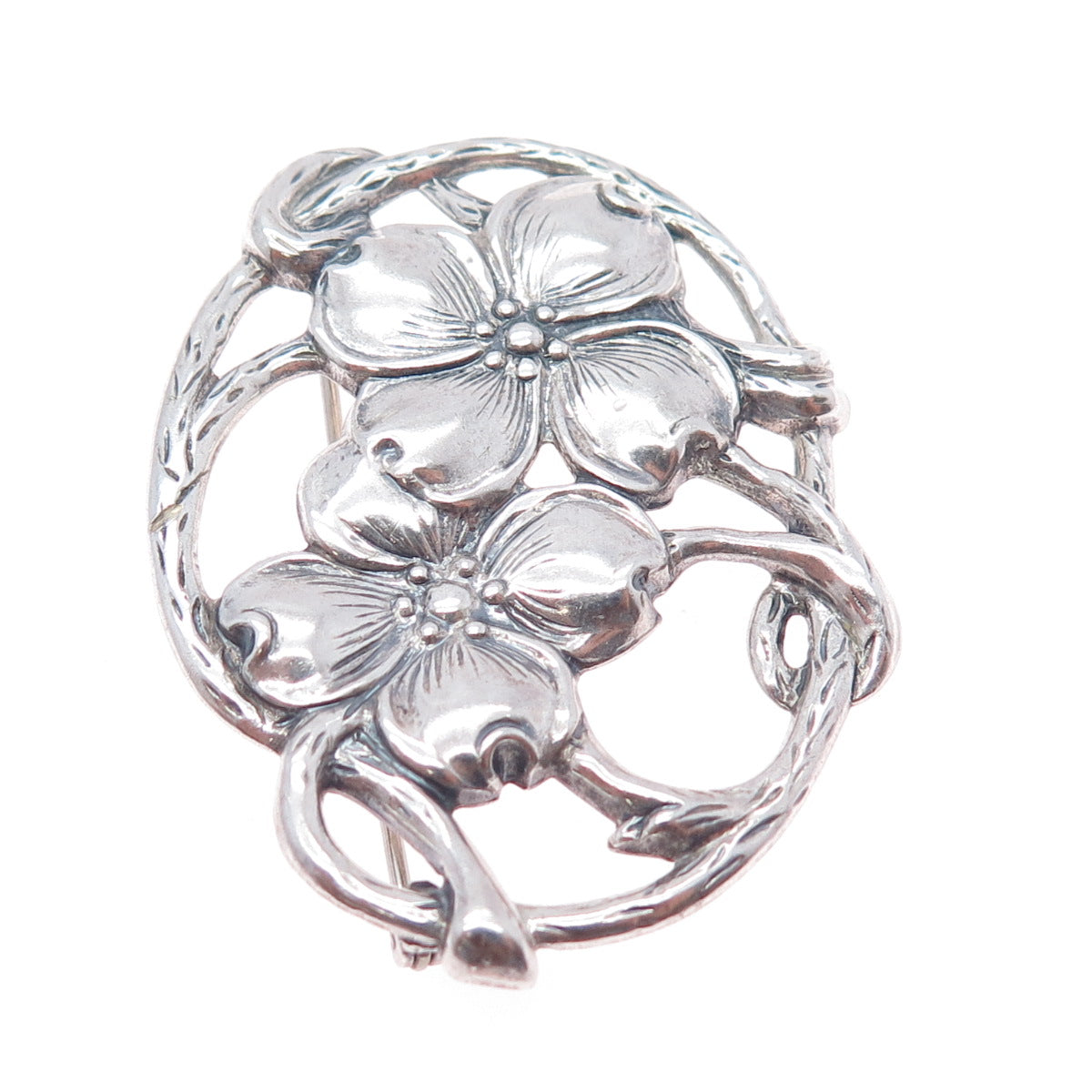 DANECRAFT 925 Sterling Silver Antique Art Deco Dogwood Oxidized Pin Brooch