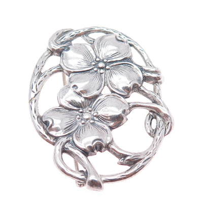 DANECRAFT 925 Sterling Silver Antique Art Deco Dogwood Oxidized Pin Brooch