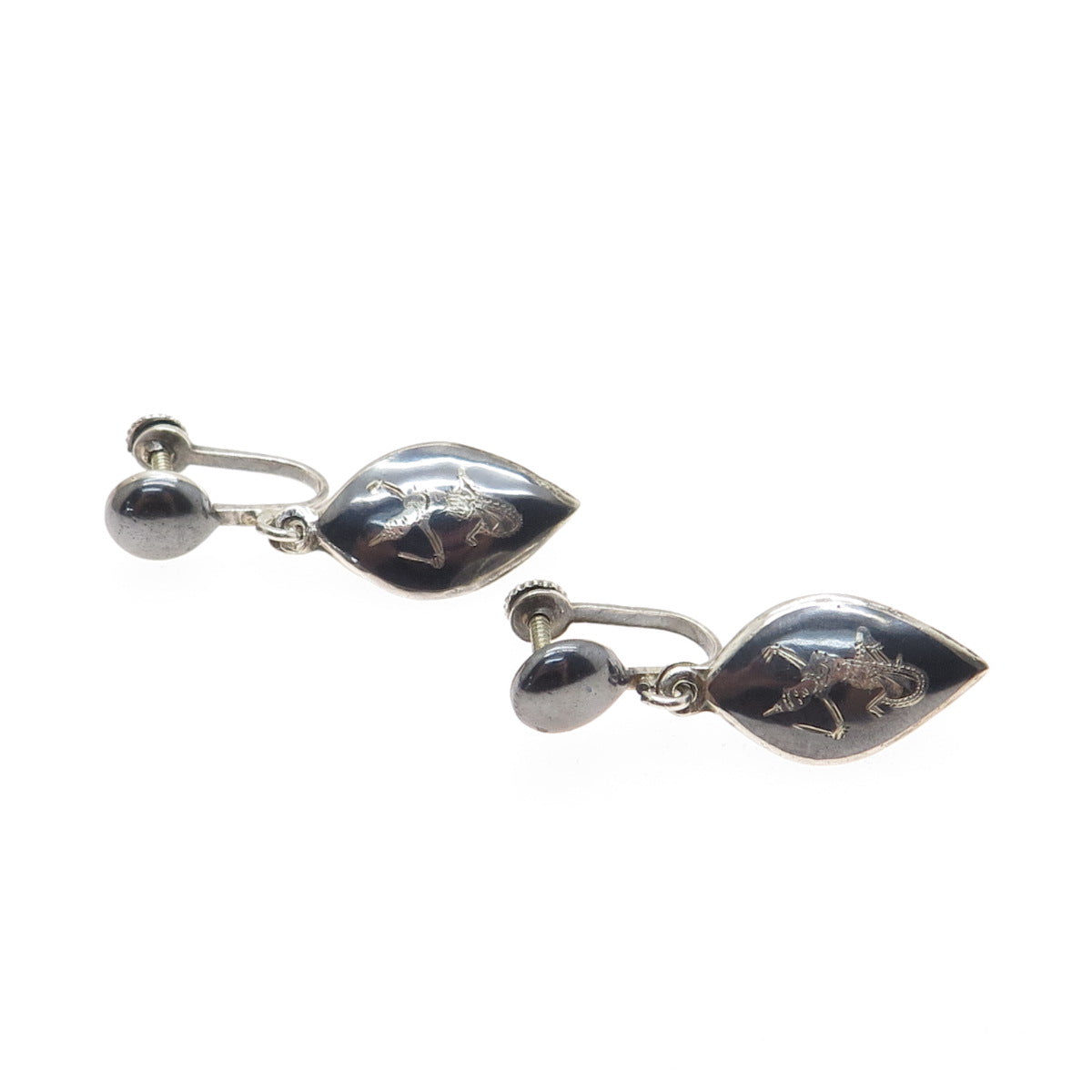 925 Sterling Silver Antique Siam Niello Hindu Goddess Screw Back Earrings