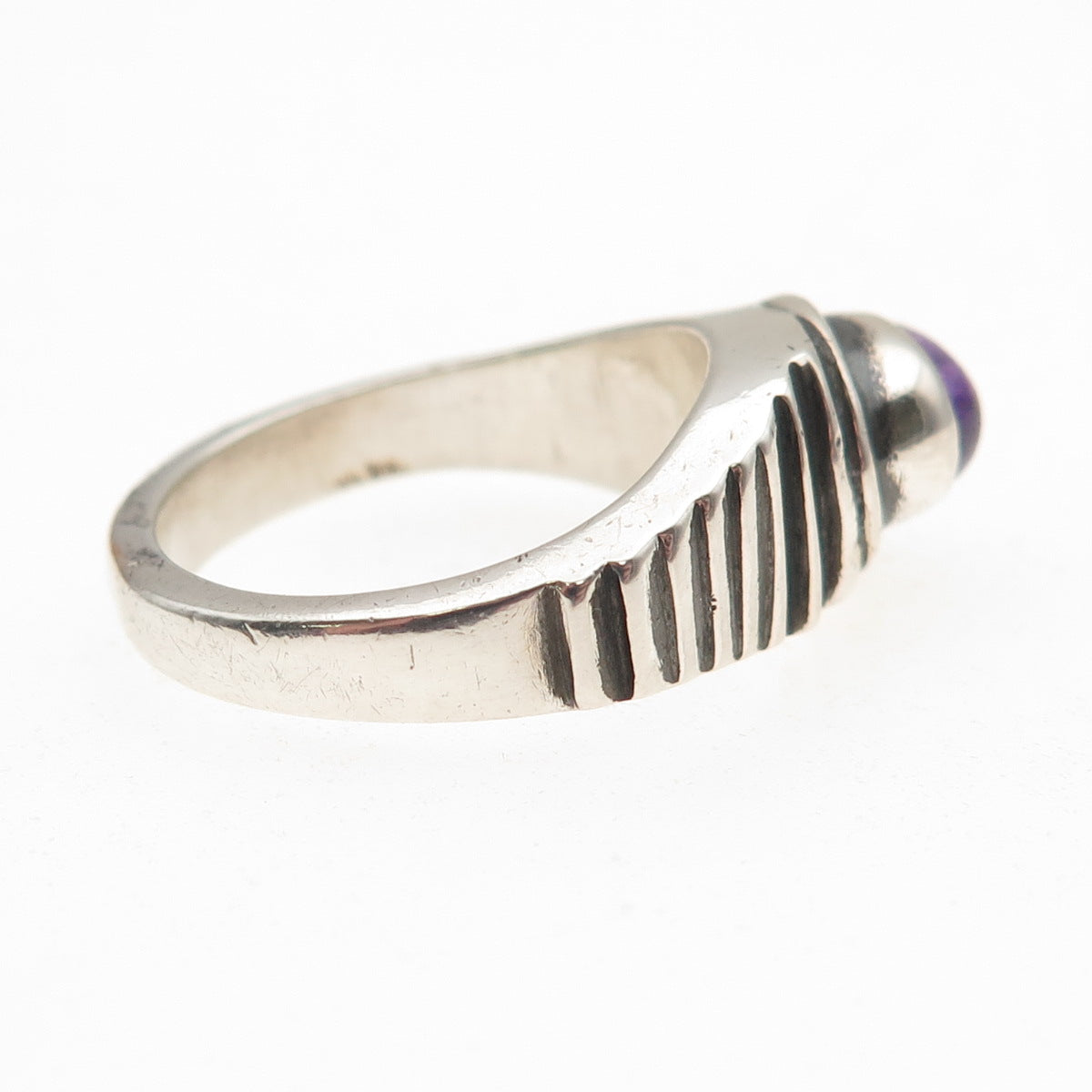 925 Sterling Silver Vintage Real Amethyst Modernist Oxidized Ring Size 8.5