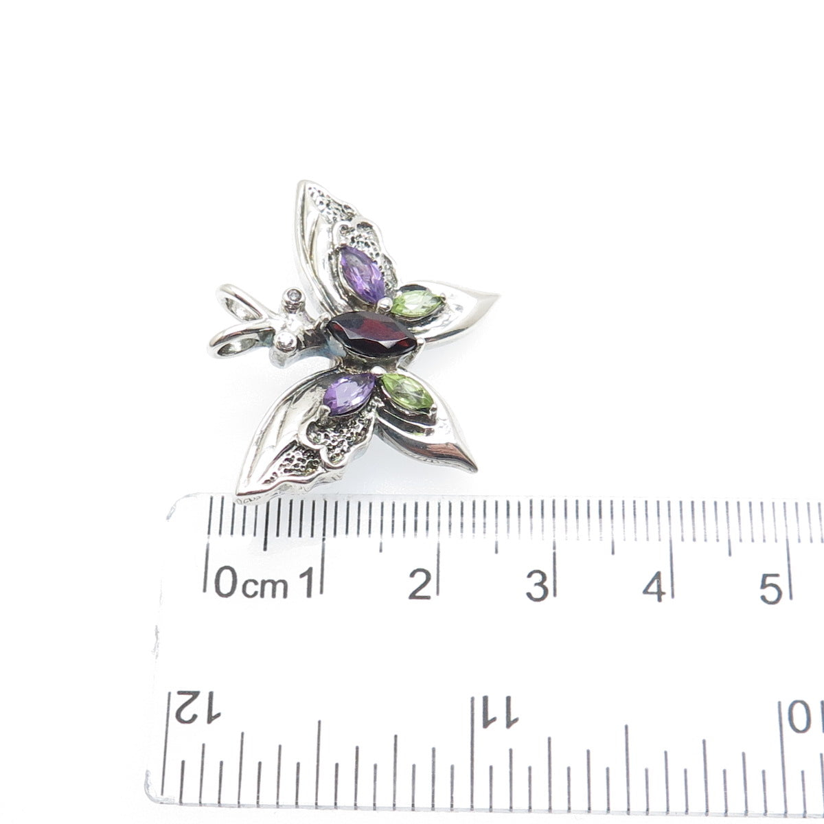 925 Sterling Vintage Real Peridot Amethyst Garnet & C Z Butterfly Brooch Pendant