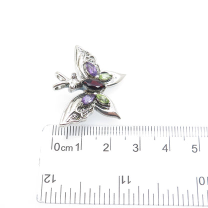 925 Sterling Vintage Real Peridot Amethyst Garnet & C Z Butterfly Brooch Pendant