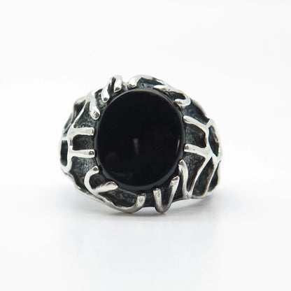 925 Sterling Silver Vintage Real Black Onyx Gem Hammered Ring Size 9