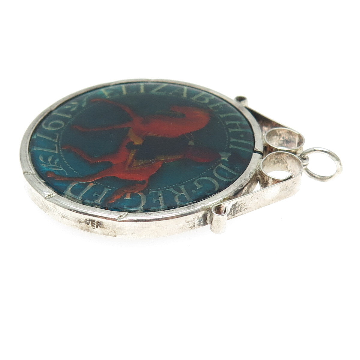 925 Sterling Silver Vintage Enamel 1977 ELIZABETH II DG REG FD Coin Pendant
