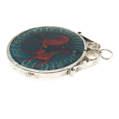 925 Sterling Silver Vintage Enamel 1977 ELIZABETH II DG REG FD Coin Pendant